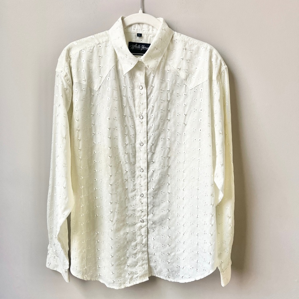 Vintage Western Shirt Women's XL Cream Floral Eyelet Pearl Snaps Country Prairie